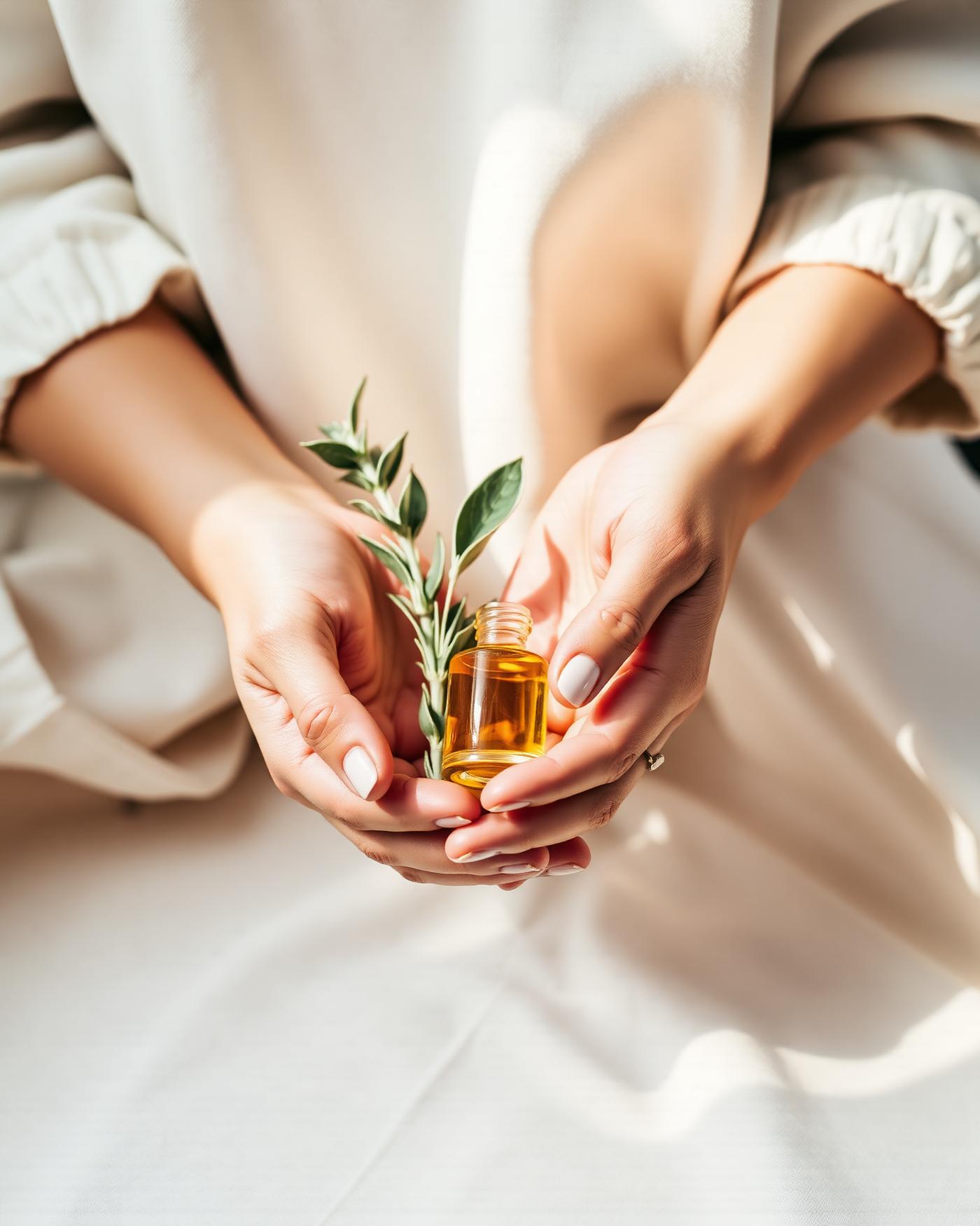 Hands cradling a golden oil bottle and sage sprig