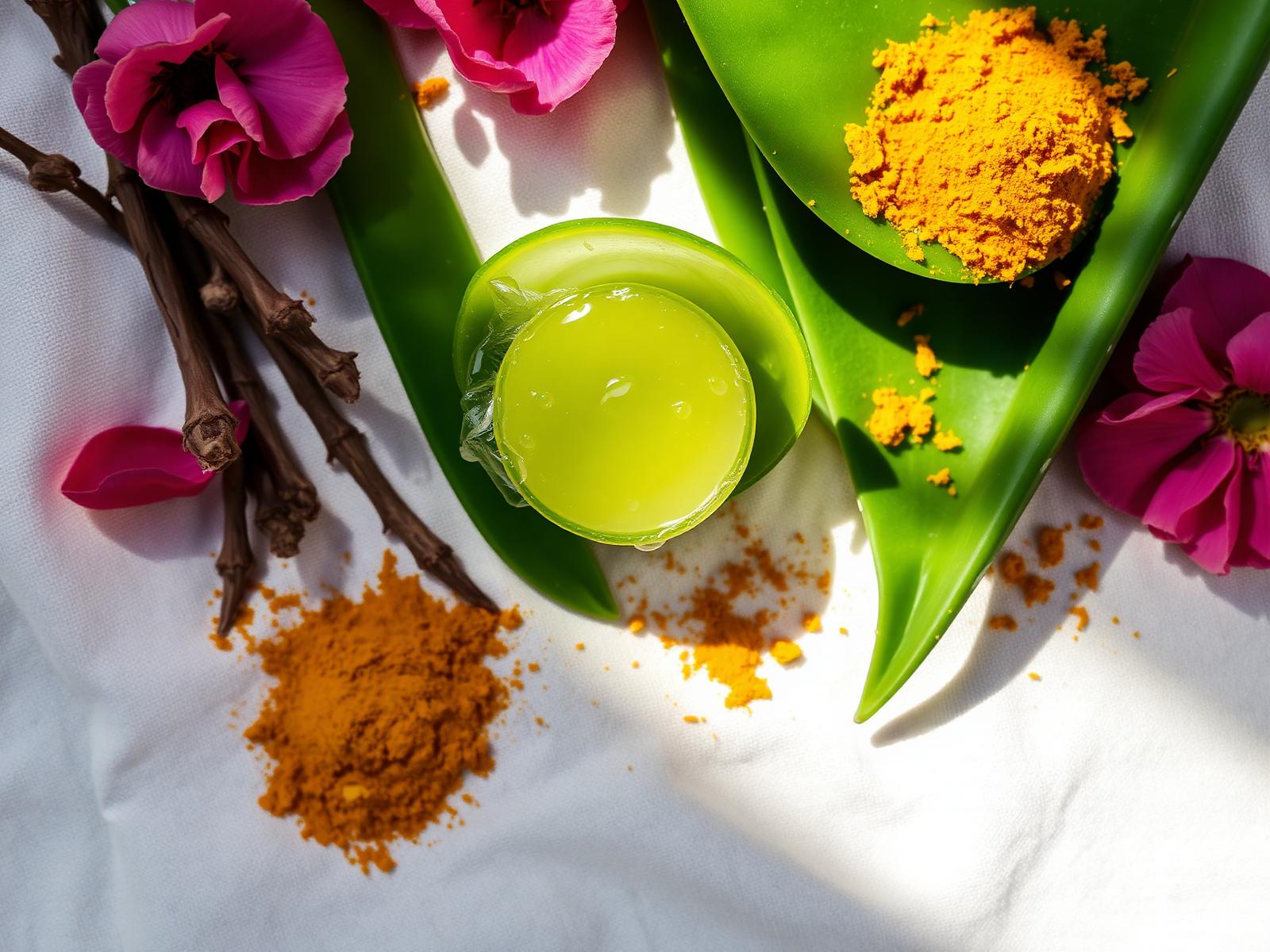 Aloe vera, moringa, rose petals and turmeric on cream linen